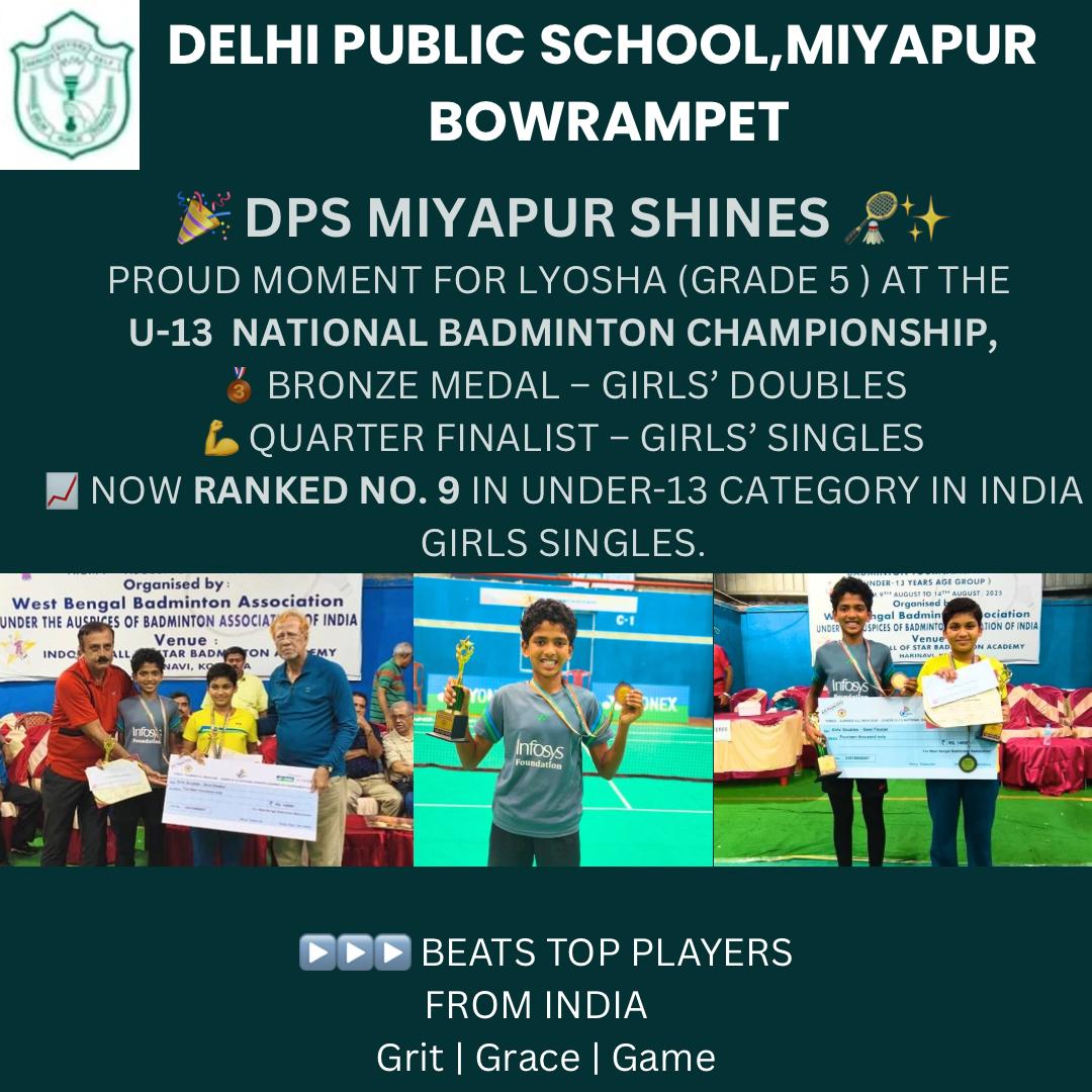 K Lyosha- Ranked 9 - Bagged bronze medal in U-13 National Badminton Championship held in Kolkata