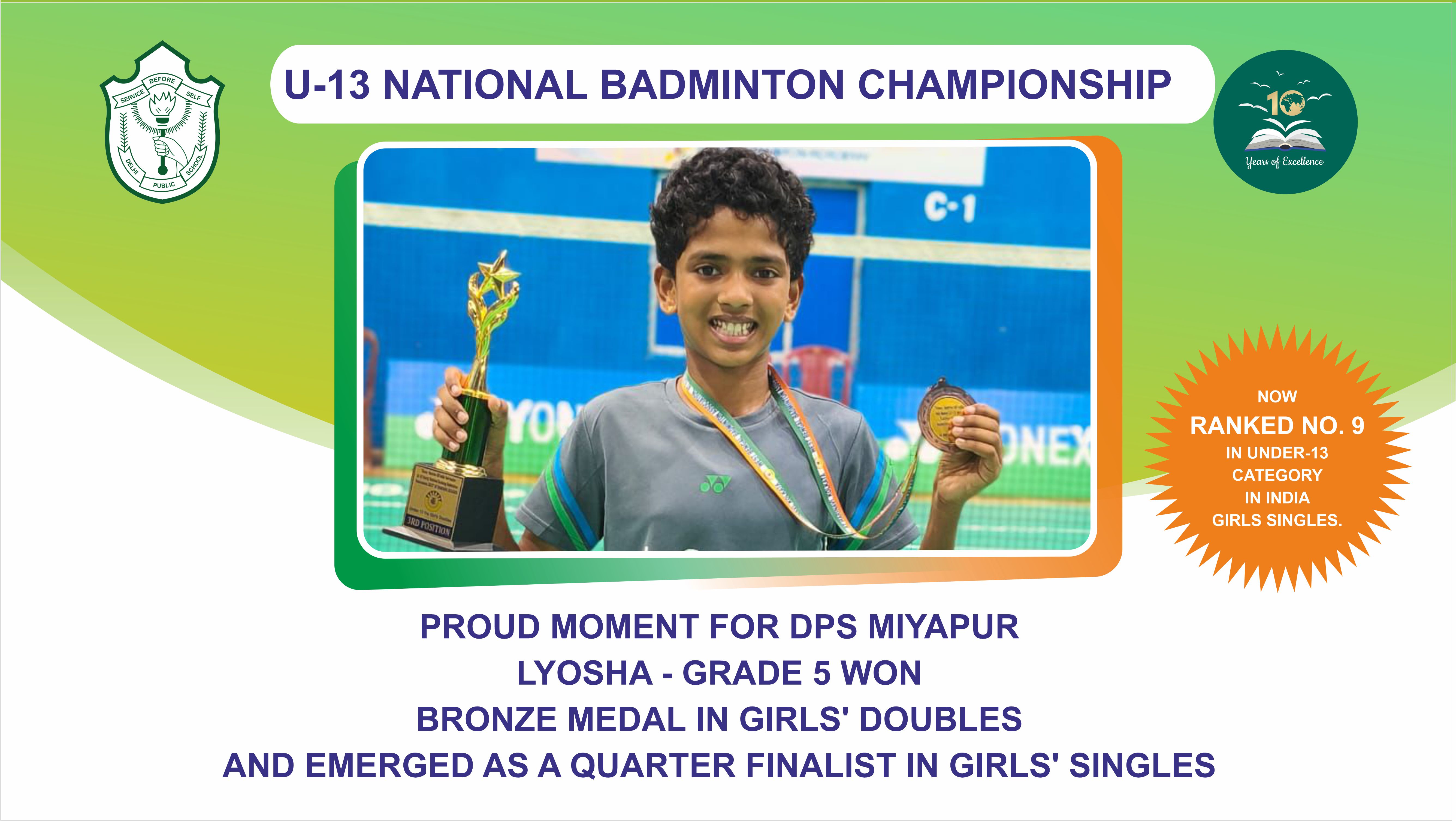 K Lyosha- Ranked 9 - Bagged bronze medal in U-13 National Badminton Championship held in Kolkata